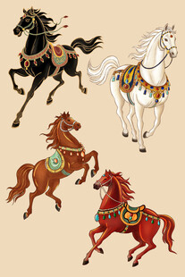 四匹装饰华丽的奔腾骏马