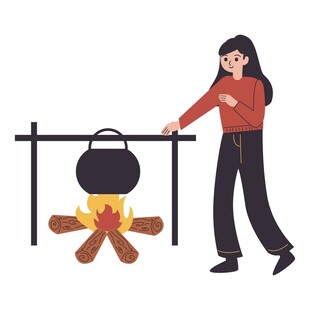 女子户外生火烹煮