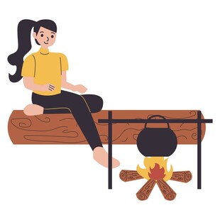 女子户外坐木头上烹煮