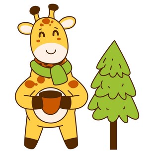 长颈鹿抱杯站在圣诞树旁