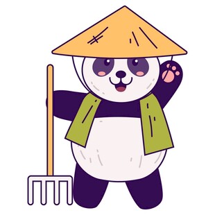 戴斗笠持耙的可爱熊猫