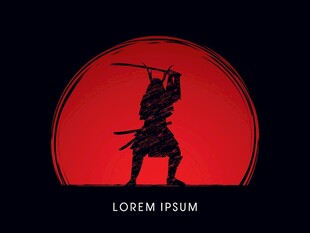 红色背景中的武士剪影