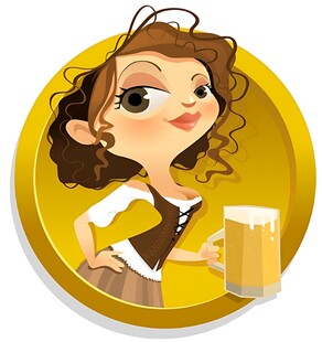 俏皮女招待手持啤酒杯