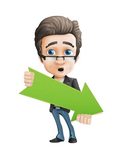 卡通人物持绿色箭头指引