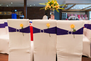 紫色装饰的宴会椅布置