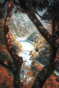 秋日山林间的蜿蜒河流