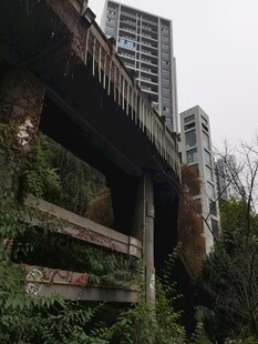 废弃桥梁与城市高楼景观