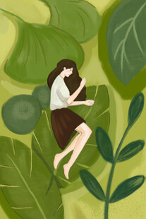 女孩于绿叶间惬意休憩