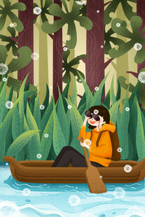 浣熊划船游于丛林河流间