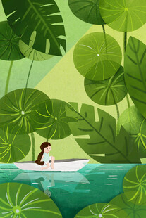 女子泛舟于绿意盎然的水域