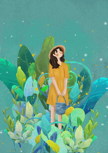 女孩置身繁茂绿植间