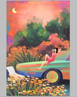 梦幻秋景中汽车上的惬意时刻