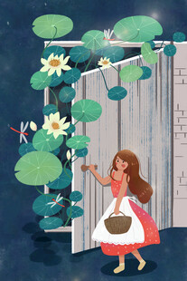 女孩于花丛边开启木门