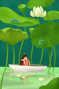 女子泛舟于荷塘之中