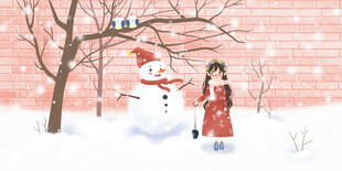 冬日女孩与雪人温馨场景