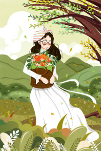 春日女子持花漫步田园