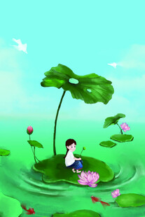 荷塘中小舟上的悠然少年