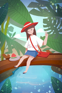女孩于丛林泳池边惬意休憩