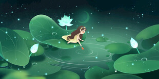 夜中精灵于荷叶间起舞