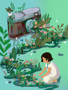 女孩与相机共赏花草世界