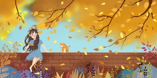 秋日少女倚栏赏景