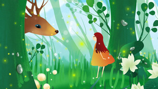 森林中鹿与红鸟的邂逅