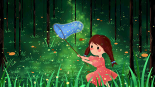 森林中女孩持网捕蝴蝶