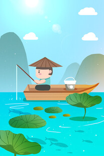 荷塘中撑舟垂钓的古风人物