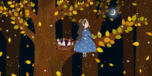 女孩在落叶纷飞的树下许愿