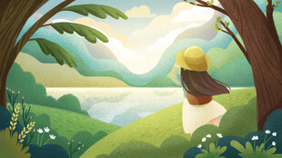 女孩于林间眺望秀美景致