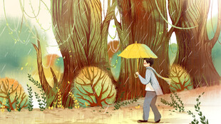 雨中漫步的林间男子