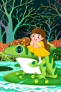 女孩骑恐龙畅游奇幻森林