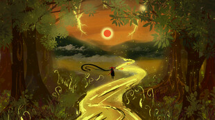 奇幻森林中的金色蜿蜒小径