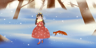雪中小女孩与灵动狐狸