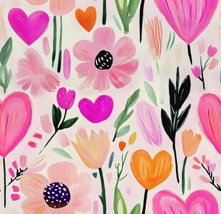 粉色花卉爱心手绘图案