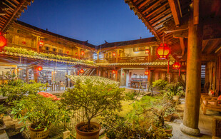 古庭院夜景 灯火绿植相映