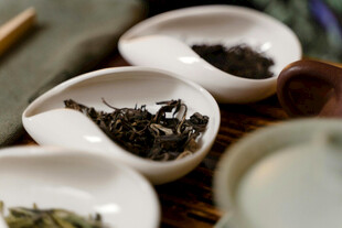 多样茶叶展示于精致茶碟
