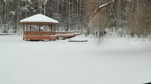 雪覆湖畔小亭冬日美景