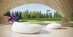 户外拱形景观下的白色座椅