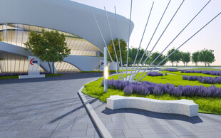 现代建筑旁的景观绿化带