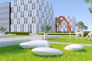 现代建筑旁的草坪景观