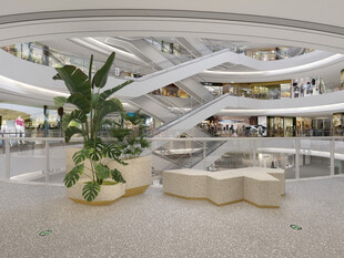 商场内景的绿植与休闲区域