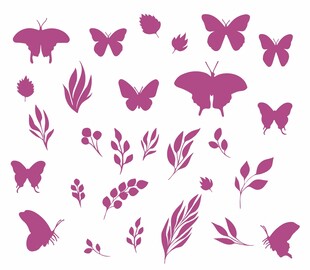 紫色蝴蝶与植物剪影图案