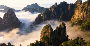 黄山云海中的壮丽山峰
