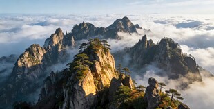 黄山壮丽山巅云海景观