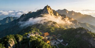 九华山壮丽山景伴云雾缭绕