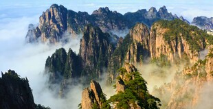 黄山云海中的壮丽山峰