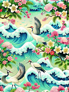 海浪繁花间的仙鹤图景