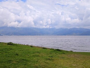 湖畔草地与远处山水景致