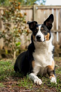 草地上趴着的可爱三色犬